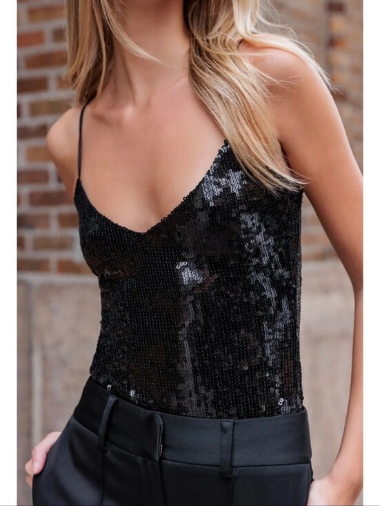 Source Unknown Tops - Black Sequins V-neck Bodysuit Size L
